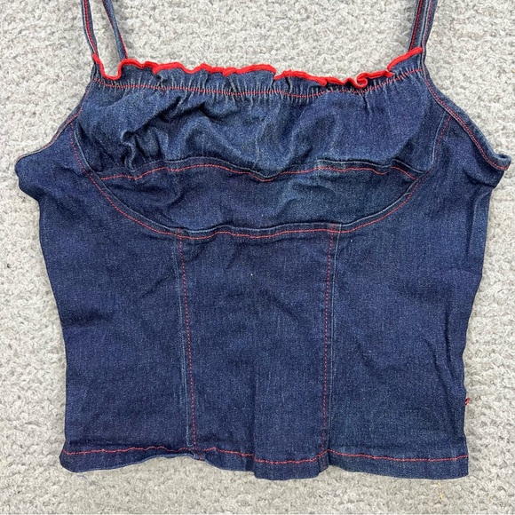 Vtg Hot Kiss Babydoll Crop Top Large Denim Red Detail 90s/Y2K Fitted Strappy EUC - Picture 2 of 11